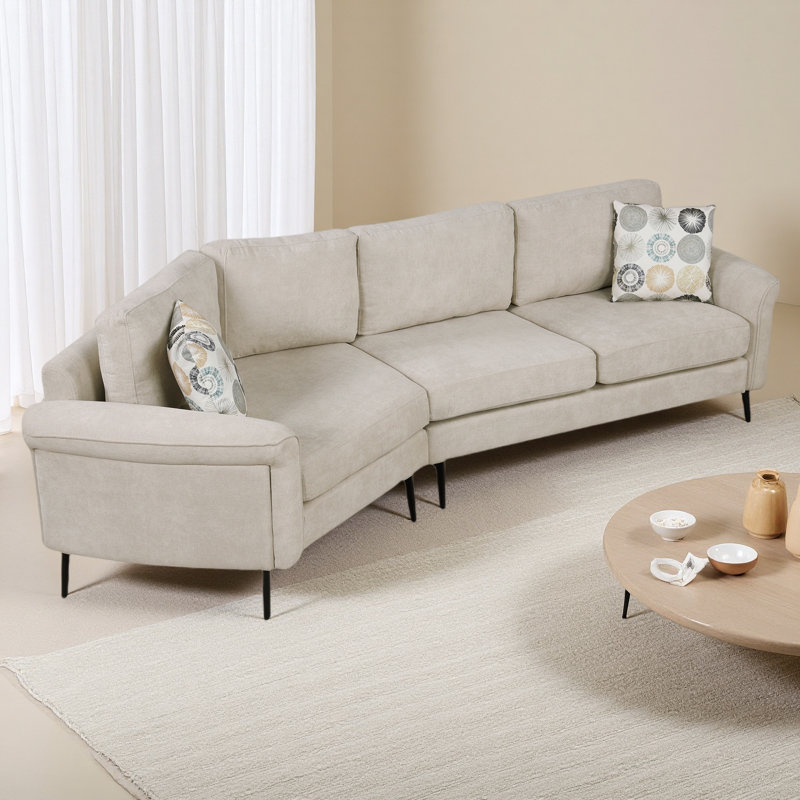 Canapé incurvé de 111 po à 3 places avec deux coussins imprimés pour le salon, Chenille beige