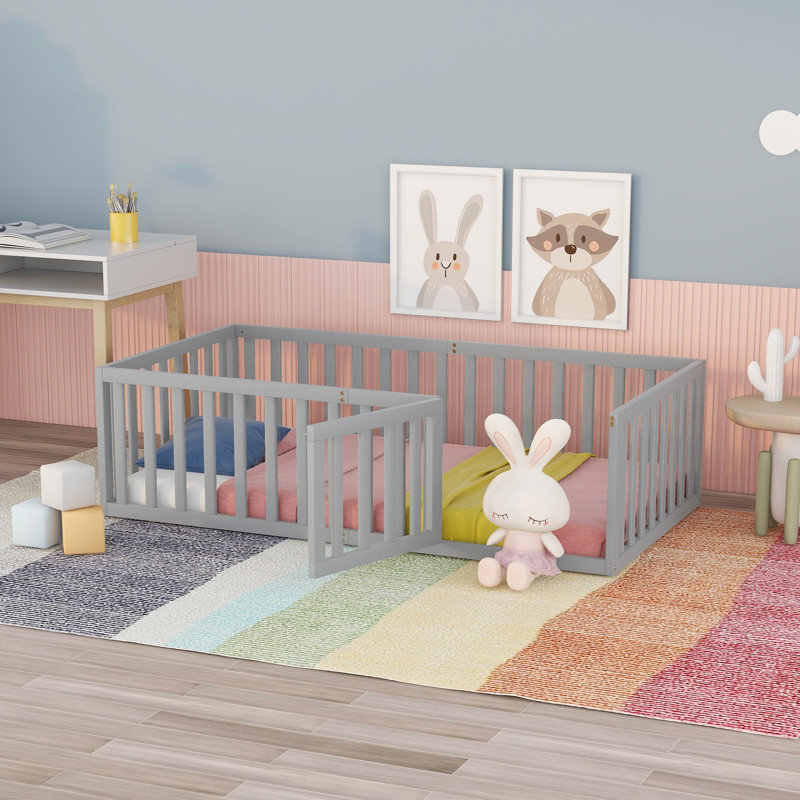 Twin Size Wood Daybed with Fence & Small Door – Solid Pine Kids Floor Bed Frame, Gray, Gray, Twin