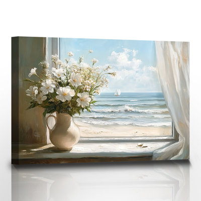 Rustique, art mural, fenêtre, paysage marin, paysage marin, peinture, photos, gardénia blanc, impressions sur toile encadrées