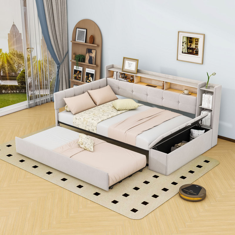 Upholstered Daybed with Twin Trundle, Multi-Functional Storage, USB Ports, and LED Lighting, Beige, Full