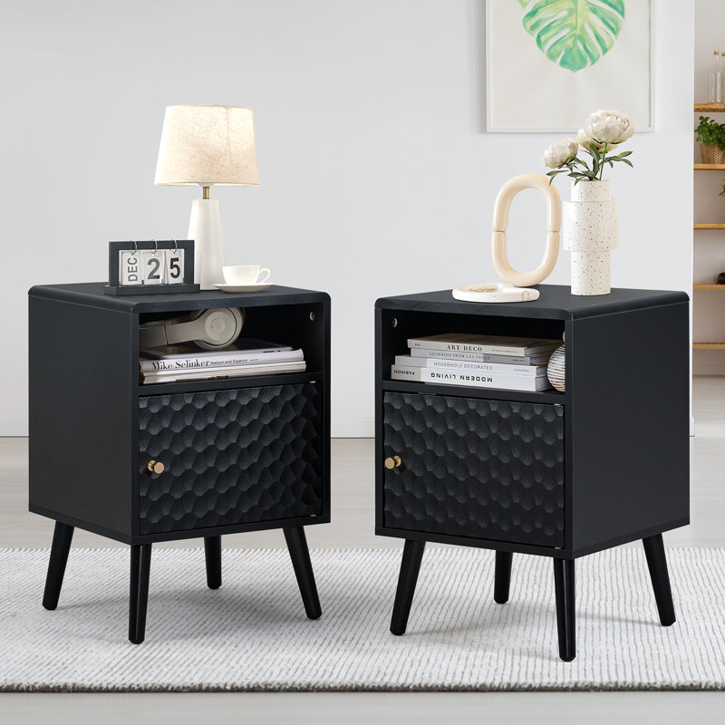Table de chevet moderne en bois avec placard et tablettes ouvertes (ensemble de 2), Noir, noir, noir, noir