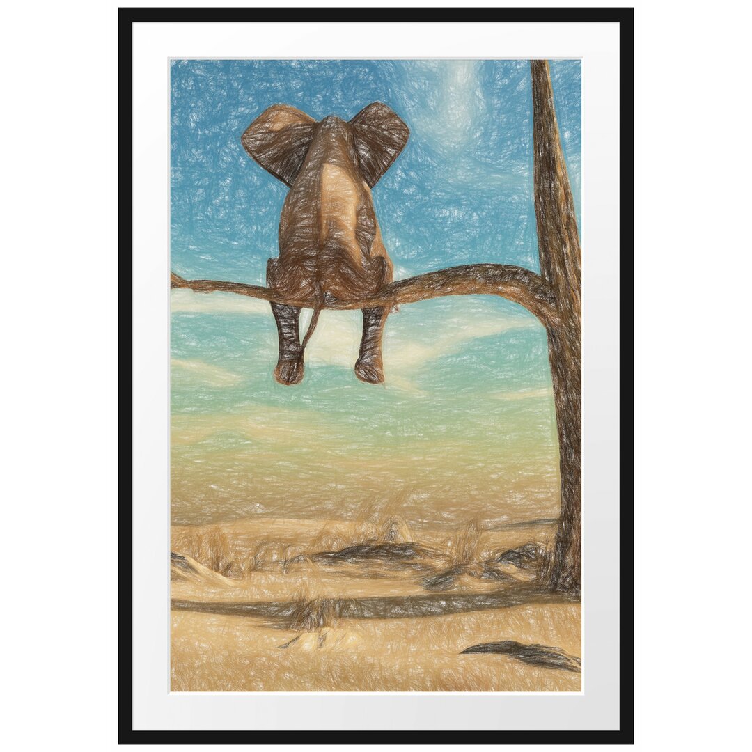 Gerahmtes Poster Elefant auf einem Ast in der Wüste