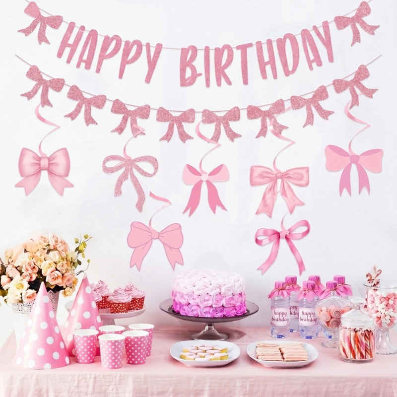 Bannière rose avec paillettes et joyeux anniversaire