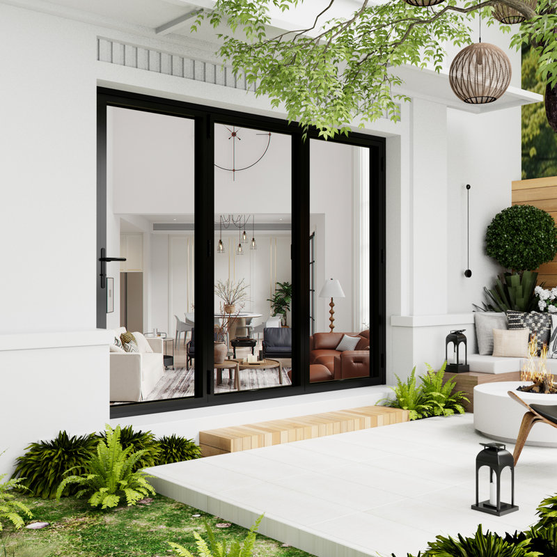 108 po X P 80 po H Porte de patio pliante en aluminium noir à double verre trempé H 3 + 0, H 80 po x l 108 po