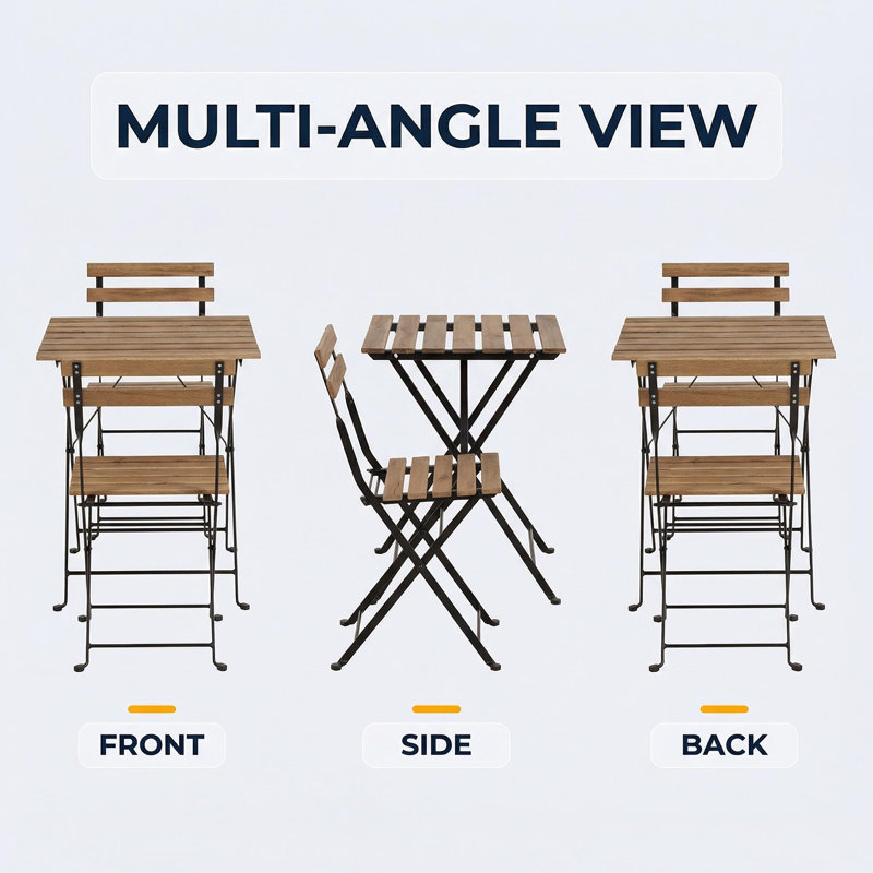 3-Piece Patio Bistro Set, Wood and Metal Table and Chairs, Natural Finish, Space-Saving Outdoor Seating