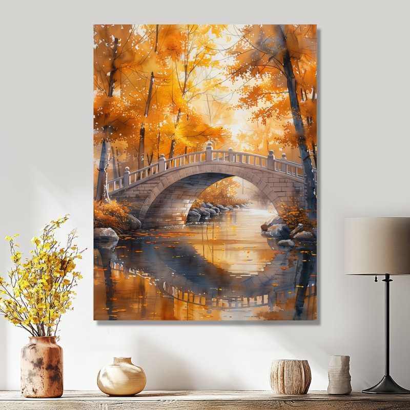 Jaune et beige, automne, rivière de beauté, pont V, Toile tendue, H 12 po x l 20 po