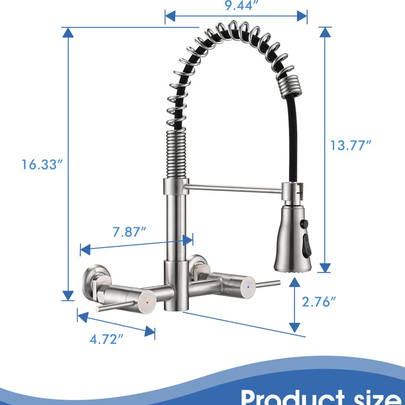 Wall Mounted Bridge Kitchen Faucet - 3 Functions, Stainless Steel, 360 Spout Rotation, 1.8 Gpm Flow Rate, Easy To Clean
