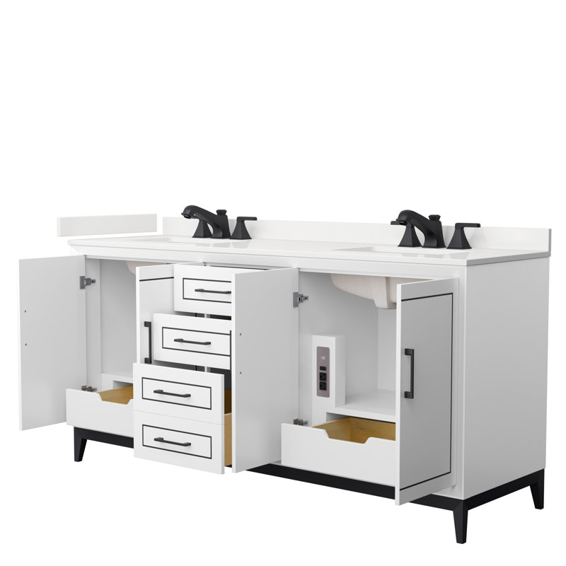 Meuble-lavabo double Marlena, Nickel brossé, Noir, Quartz Giotto