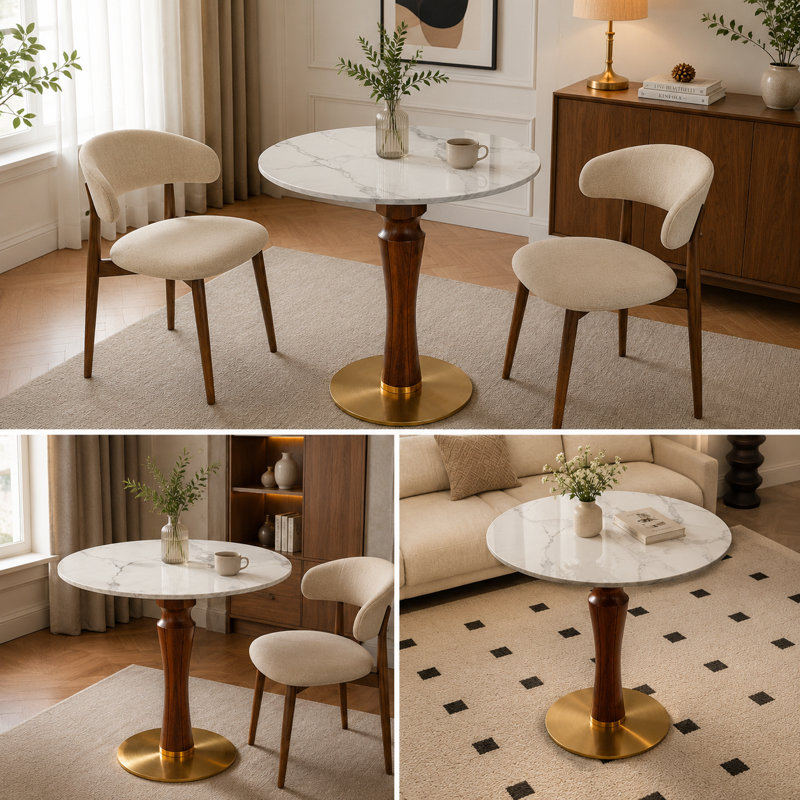 33.5" Round Sintered Stone Dining Table with Solid Rubberwood Pedestal Base and Stainless Steel Bottom, Modern Dining Table for 2-4 People