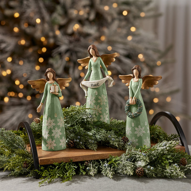 Figurines de flocon de neige vert avec couronne et bannière de Noël (ensemble de 3)