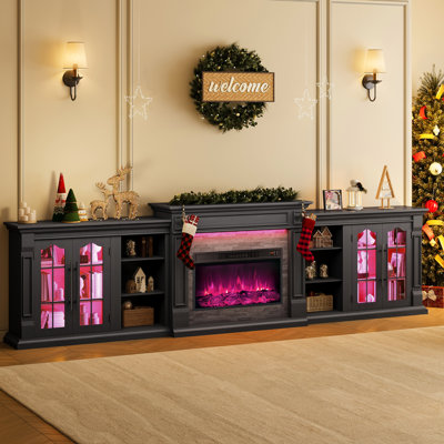 Meuble télé modulaire de 343 cm avec foyer intégré, centre de divertissement avec éclairage DEL, prises électriques, bibliothèque ouverte et rangements, grande console multimédia avec foyer électrique de 76 cm à flammes colorées, noir