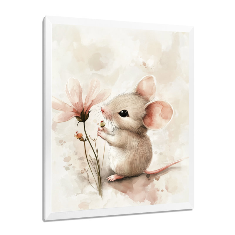 Petite souris avec une fleur I - Tableau encadré pour chambre d'enfant, 32" H x 24" W, White Picture Framed