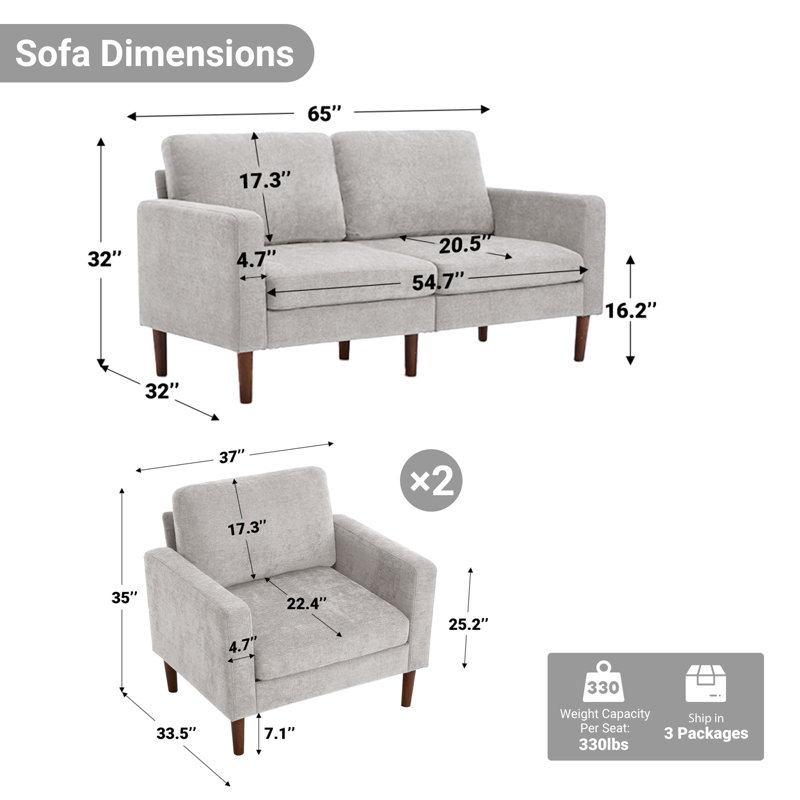 Modern 2 Accent Chairs And Loveseat Living Room Set, Mid-Century Upholstered Furniture, Silver Gray Chenille