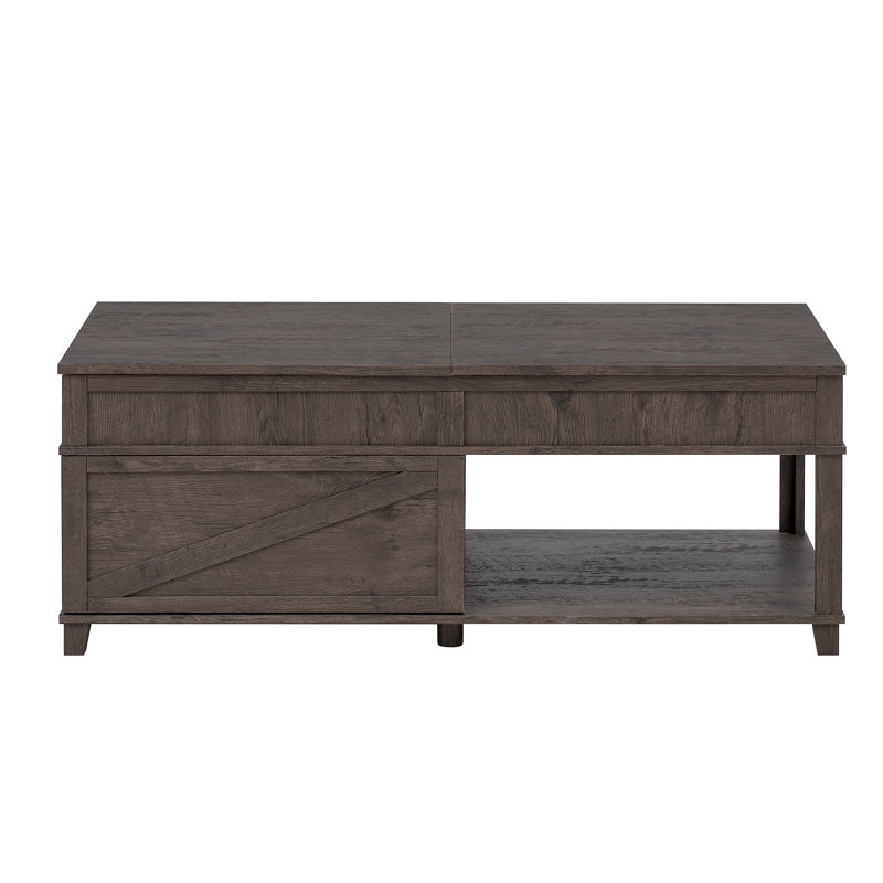 Table basse à plateau relevable avec compartiment caché, tablette ouverte et bureau réglable, Brun antique