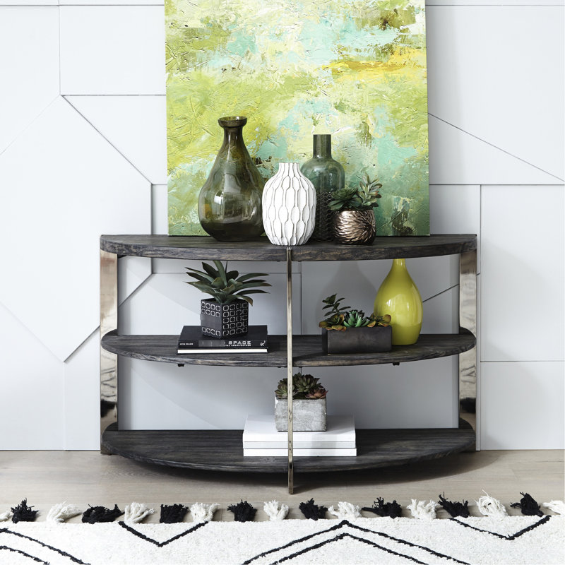 Console Table Half Moon Design, 2 Shelves, Charcoal Grey/ Metal Accents For Bedroom, Living Room, Foyer, Stylish Decoration Contemporary Desk, Colour, Solid Wood Construction