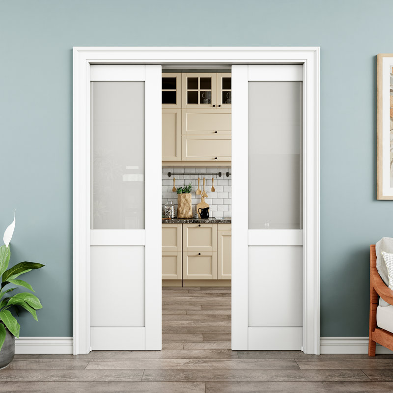 Porte coulissante à galandage 60x80 en verre trempé dépoli semi-vitré avec fermeture amortie, double battant à âme pleine 30x80, peignable et imperméable, utilisable comme porte de buanderie, porte de placard, porte de chambre ou porte escamotable.