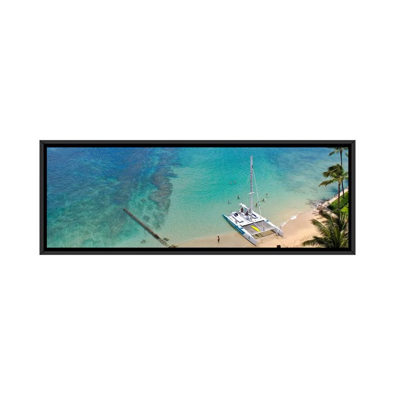 Horizon urbain d’Honolulu (océan)-impression panoramique, Toile avec cadre noir, H 12 po x l 36 po x 1,5 po