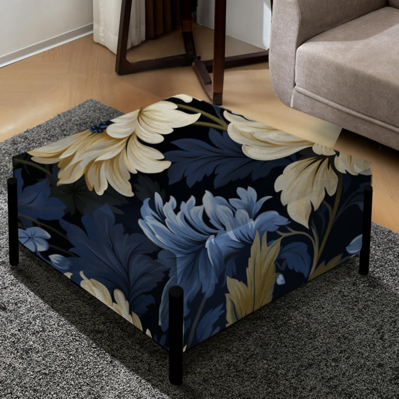 Beige et bleu damassé fleur nostalgie - Grand repose-pieds carré damassé
