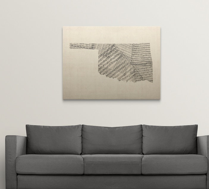 «Francy Old Part Music Map of Oklahoma» par Aniesha, impression sur toile, H 36 po x l 48 po x P 1,5 po, Toile