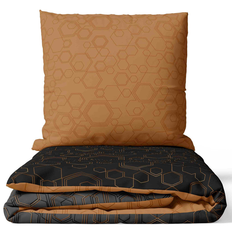 Black/Brown Cotton Bedding Set, 220 x 240cm - 2 cushions 80 x 80cm