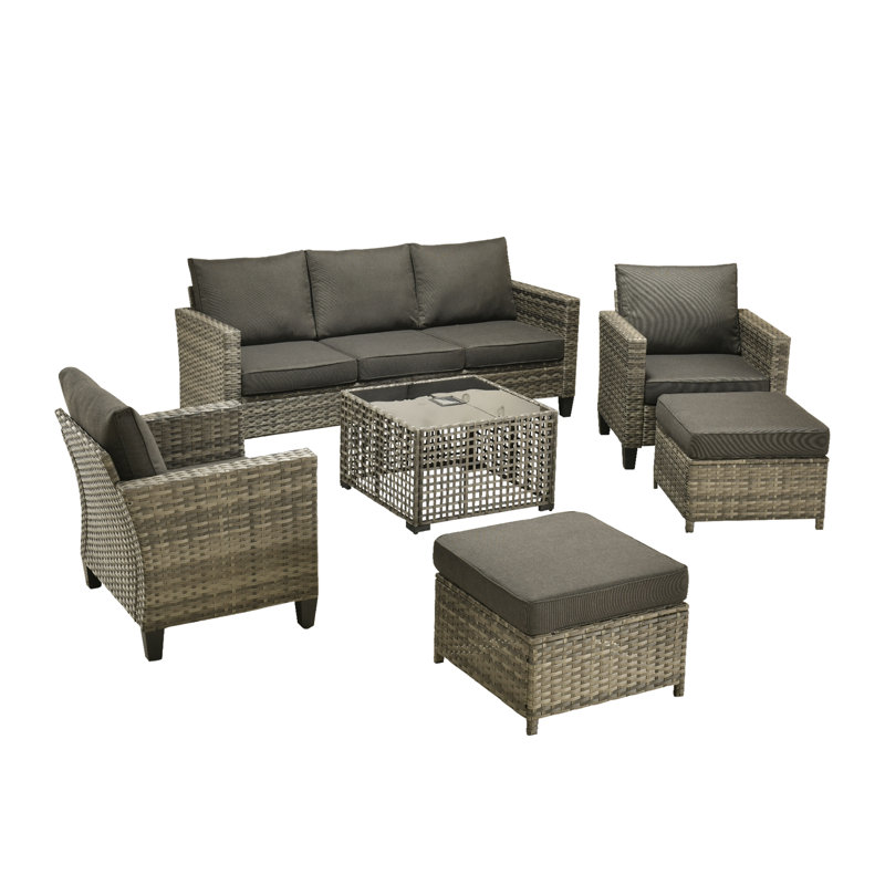 Wicker Patio Outdoor Furniture Set, 6 Piece Rattan Guest Sofa Chair Set, Coffee Table With Lamp, Weather Resistant Sofa Set