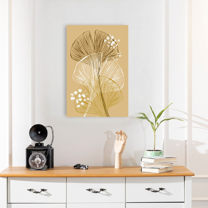 Golden Ginkgo Leaves Abstract Delicate Elegant Nature Plant Wall Art Print by Martina - Wrapped Canvas Print