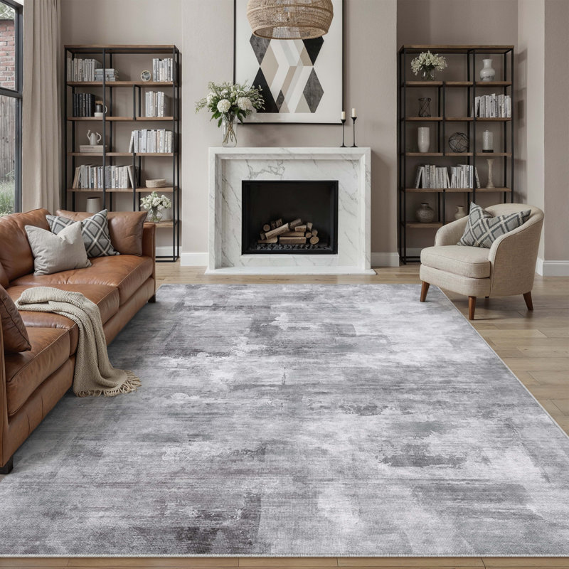Tapis abstrait lavable à la machine avec envers antidérapant Elroy, Gray, 0.35", Rectangle 9 pi x 12 pi