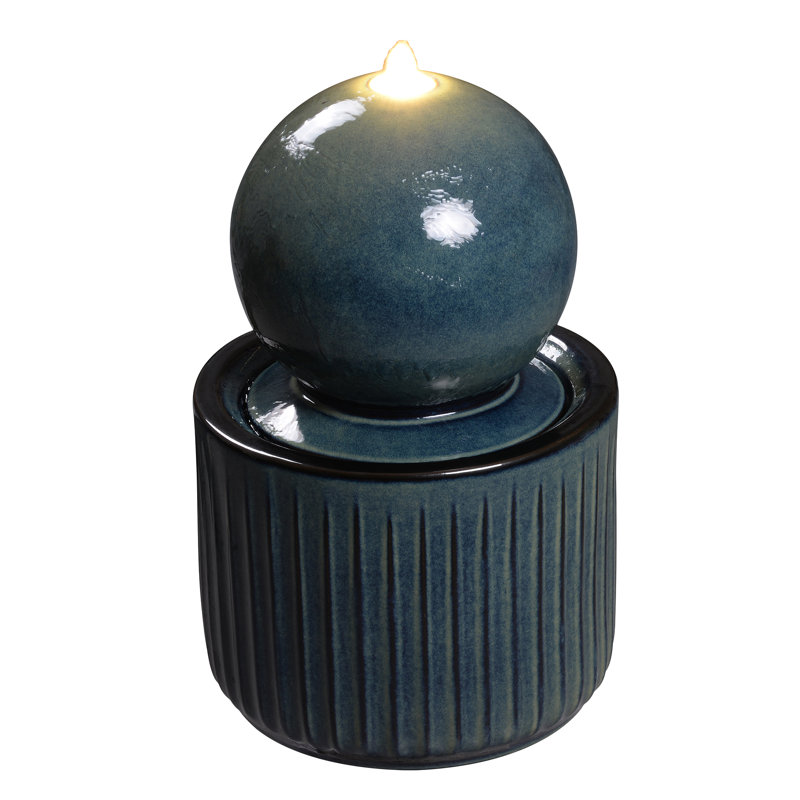 Blue Ceramic Sphere Fountain, Decorative Water Fountain with LED Lights and Quiet Pump, Indoor Outdoor Water Feature for Patio, Garden, Deck, Balcony, Office and Home Décor, Relaxing Cascading Water Design