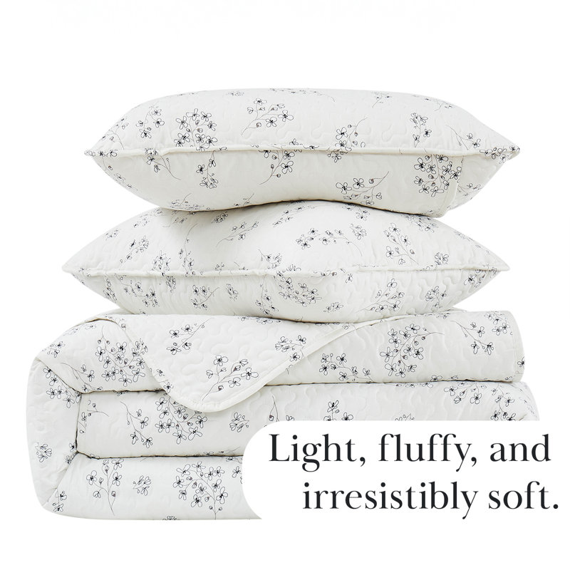 Sweet Florals Collection Microfiber Quilt Set, Twin Quilt + 1 Standard Sham, Gray