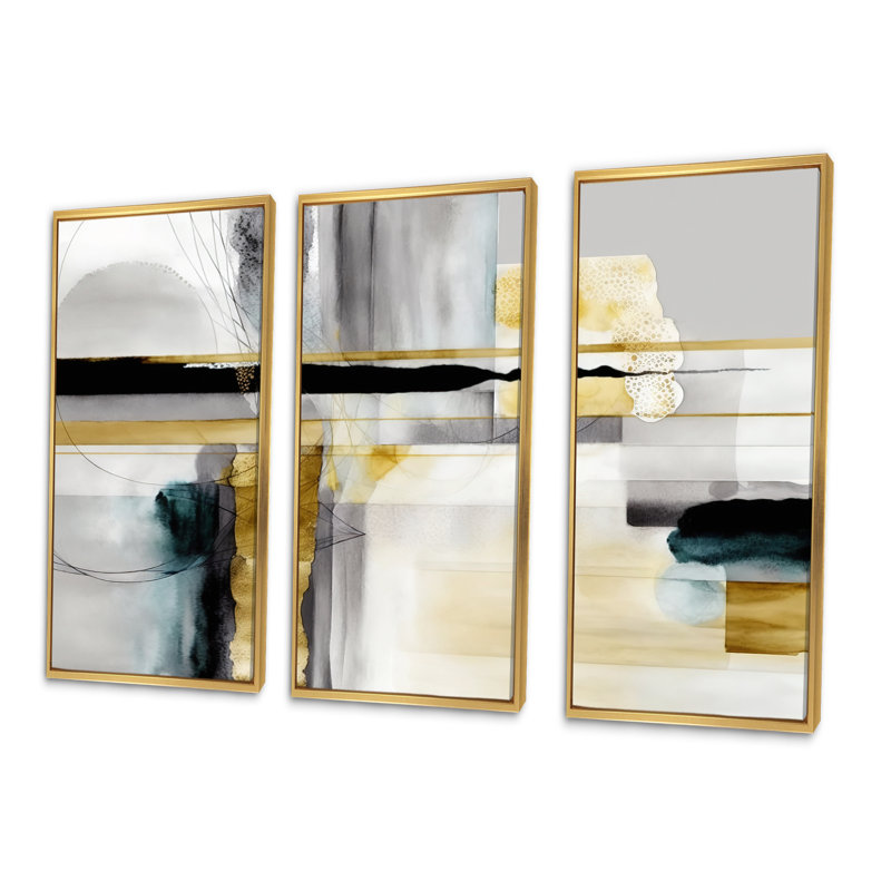 Abstrait, formes transitionnelles noires IV - 3 pièces sur toile, H 28 po x l 36 po x P 1 po, Cadre flottant doré