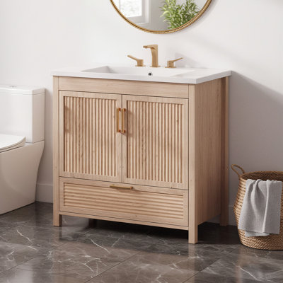 Meuble-lavabo autoportant de 91 cm avec lavabo, tiroir à fermeture amortie et armoire cannelée