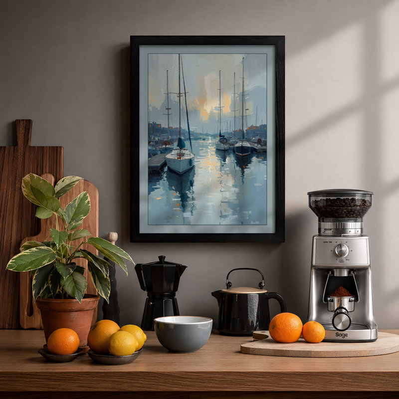 Harbor at Stillness Coastal - Framed Print, A4 - 29.7 x 21.0 cm, Black