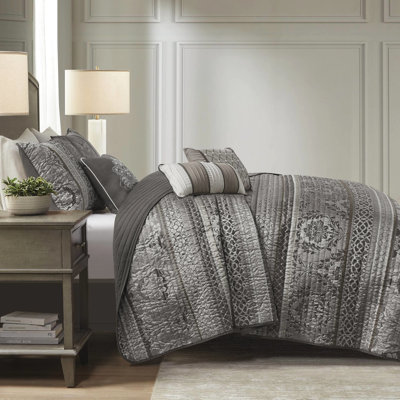 Très grand / très grand 6 pièces avec courtepointe grise, 2 taies décoratives, 3 coussins décoratifs, lavable à la machine - courtepointe grise, coutures, détails dorés, entretien facile