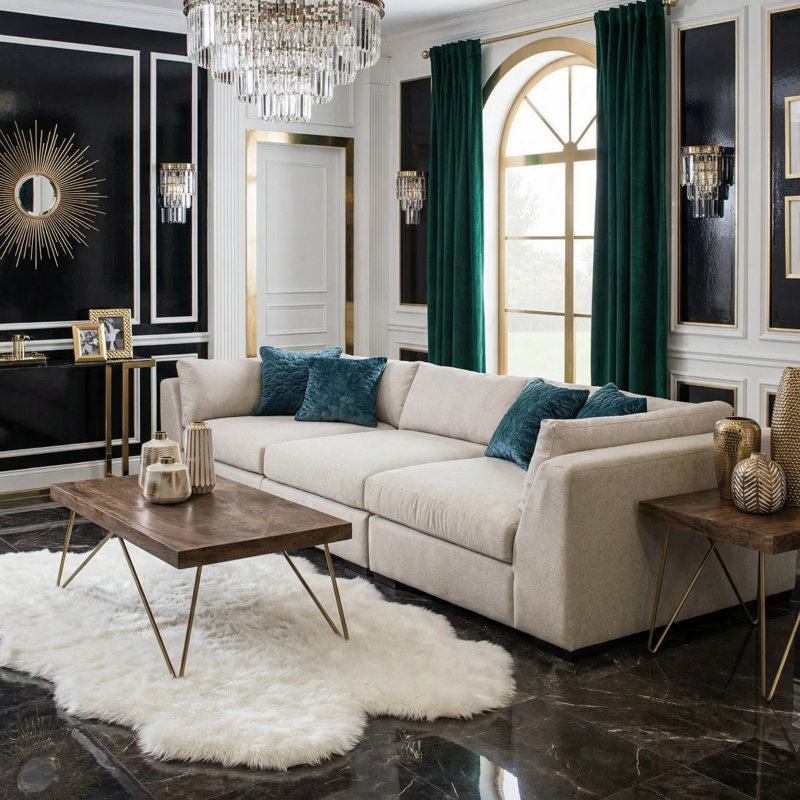 Thomas Upholstered L-Shaped Sectional Symmetrical, Sand Polyester Blend