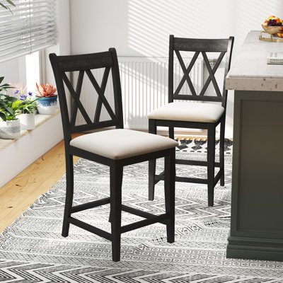 X-Back Solid Wood Fabric Upholstered Bar & Counter Stool With Footrest