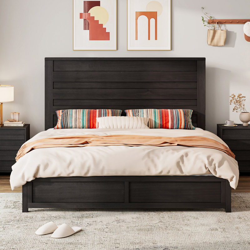 Full Black Metal Frame Bed with Wood Headboard and Slats