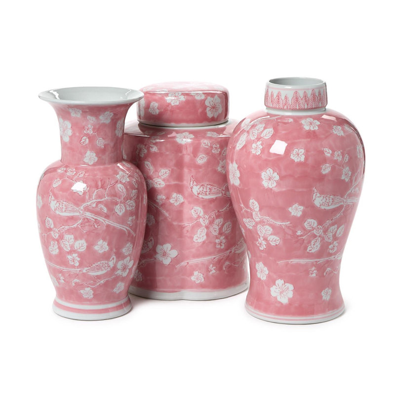Ensemble de 3 vases / pots en céramique peints à la main rose chinois