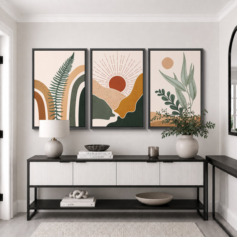 «Mid Century Modern Boho», feuille de fougère abstraite et paysage du désert, H 36 po x l 72 po, Cadre flottant noir