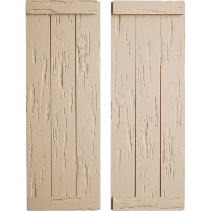 Volets rustiques en faux bois à trois planches jointes avec lattes (par paire), Texture cyprès Pecky / brun clair apprêté