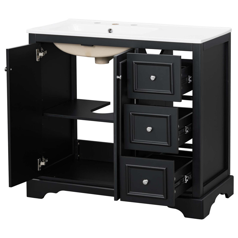 Meuble-lavabo transitionnel 36 po avec lavabo en céramique de 36 po - Comprend 2 portes à fermeture en douceur, une tablette réglable en forme de U, 3 tiroirs (dont un avec séparateur), une finition peinte et un grand espace de rangement