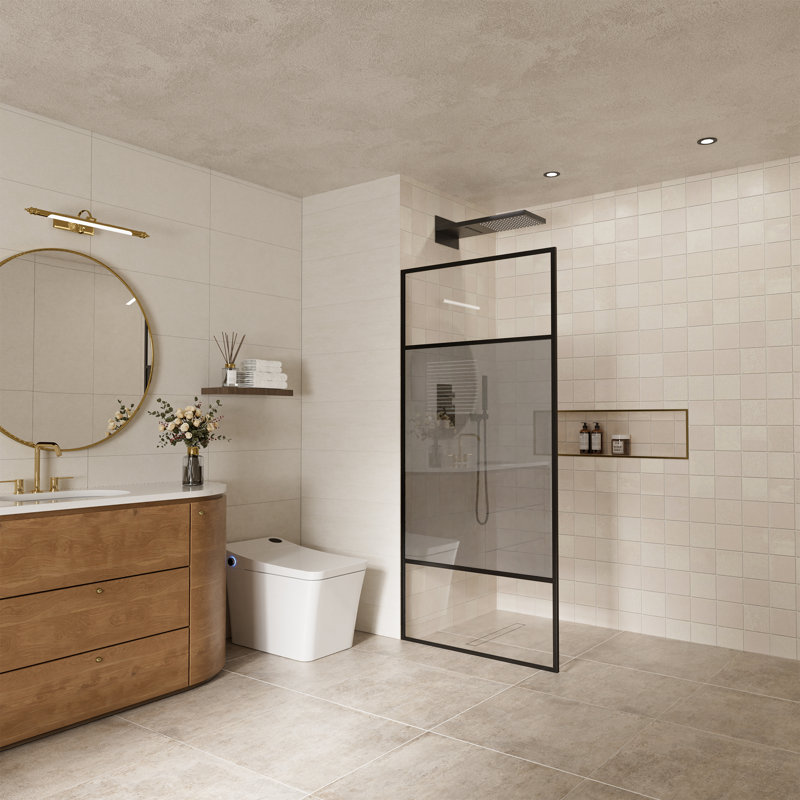 Porte de douche à panneau de douche fixe simple encadrée avec l 34 po x H 74 po avec verre de sécurité 3/8 po, Noir mat