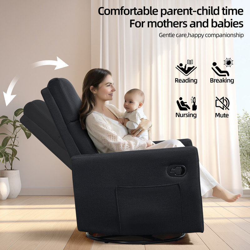 Fauteuil inclinable manuel berçant moderne pivotant de 25,6 po de largeur avec poches latérales pour petits espaces
