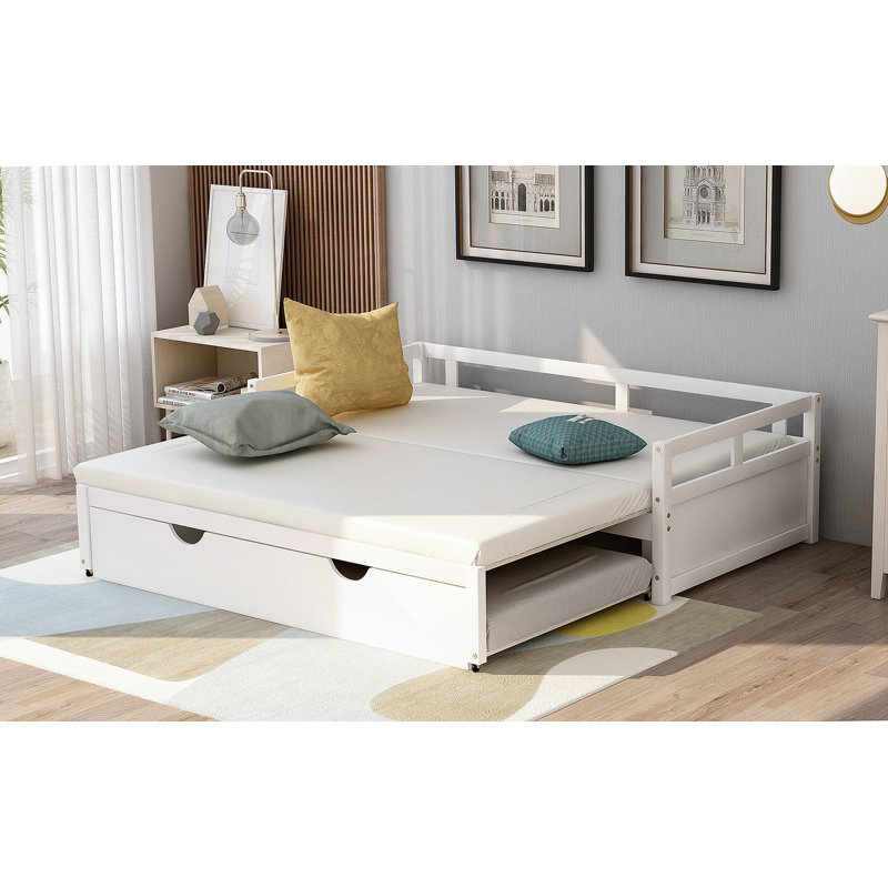 Lit de jour extensible avec couchette, lit de jour en bois avec couchette, Blanc