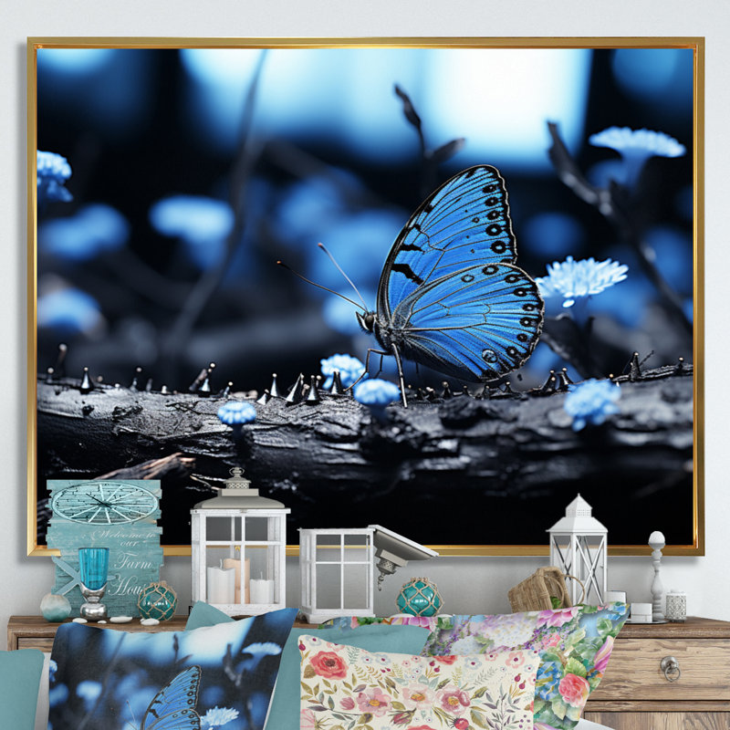 Forêt de papillons bleu forêt - impression, H 30 po x l 40 po x P 1,5 po, Cadre flottant doré