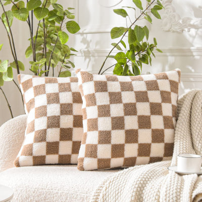 Decorative Throw Pillow Covers - Soft Sherpa Checkerboard Cushion Covers Faux Fur Pillow Cases For Sofa Bedroom Livingroom Car, 18 X 18 In, Khaki And Off White