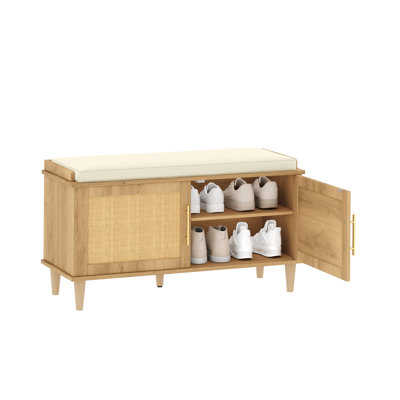 Rattan Shoe Storage Bench with Cushion, Entryway Bench with Adjustable Shelves and 2 Doors, Solid Wood Legs, for Hallway, Living Room, Bedroom, 2-Tier, (Natural Oak)