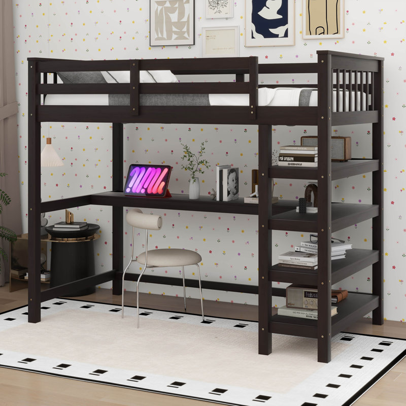 Lit mezzanine avec tablettes de rangement et bureau sous le lit, Lit simple, Espresso