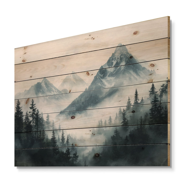 Misty Mountain Morning II - paysage de montagnes, art mural sur bois de pin naturel, H 24 po x l 32 po x P 0,78 po