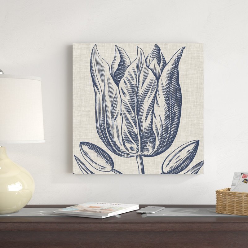 Indigo floral sur lin VI, H 20 po x l 20 po x P 1,25 po