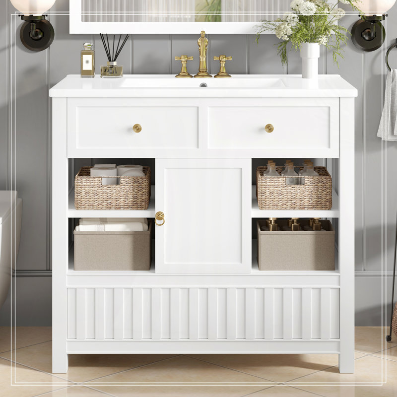 Meuble-lavabo de 36 po avec lavabo, armoire de salle de bain multifonctionnelle avec portes et tablettes de rangement, avec tiroirs